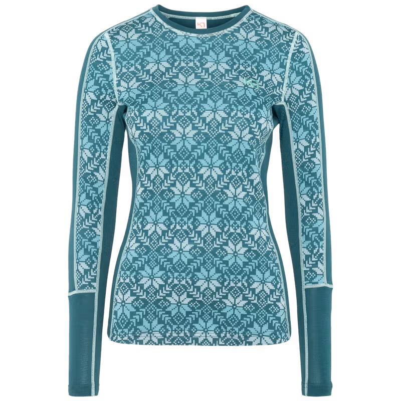 Teal Kari Traa Anna Long Sleeve base layer with a Nordic print, made from ultra-soft 100% merino wool.