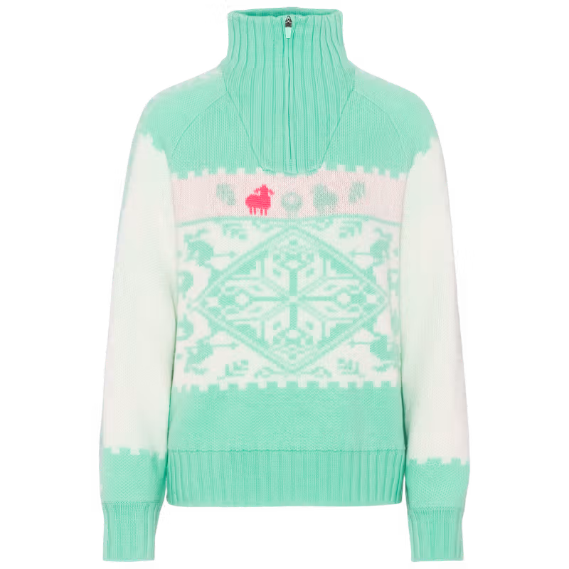 Mint green and white Kari Traa Saga Knit sweater with a Scandinavian-inspired pattern and half-zip neck opening.