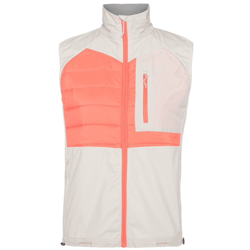 Kari Traa Nia Vest in coral and white, an insulated layer with a high collar and secure zip chest pocket.