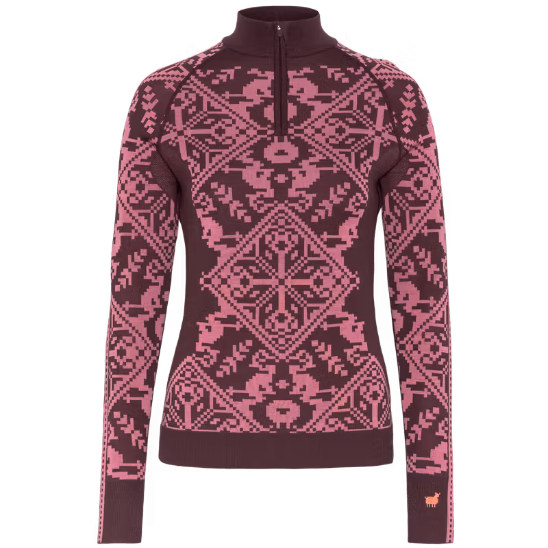 Maroon Kari Traa Saga Half Zip with a pink Nordic pattern and half-zip neck opening for ventilation.
