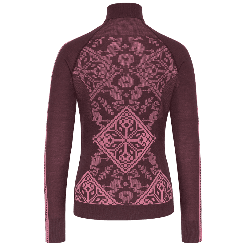 Back of the maroon Kari Traa Saga Half Zip, made from warm merino wool with a protective zipper chin guard.
