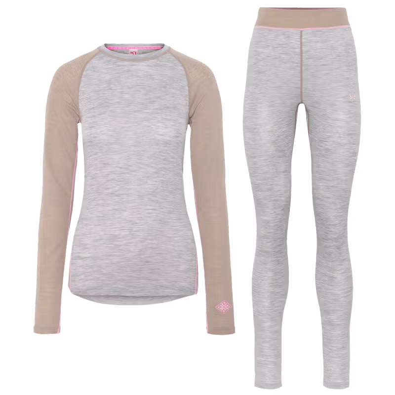 Kari Traa Kaia Set in grey, a 100% merino wool base layer top and bottom for winter adventures.