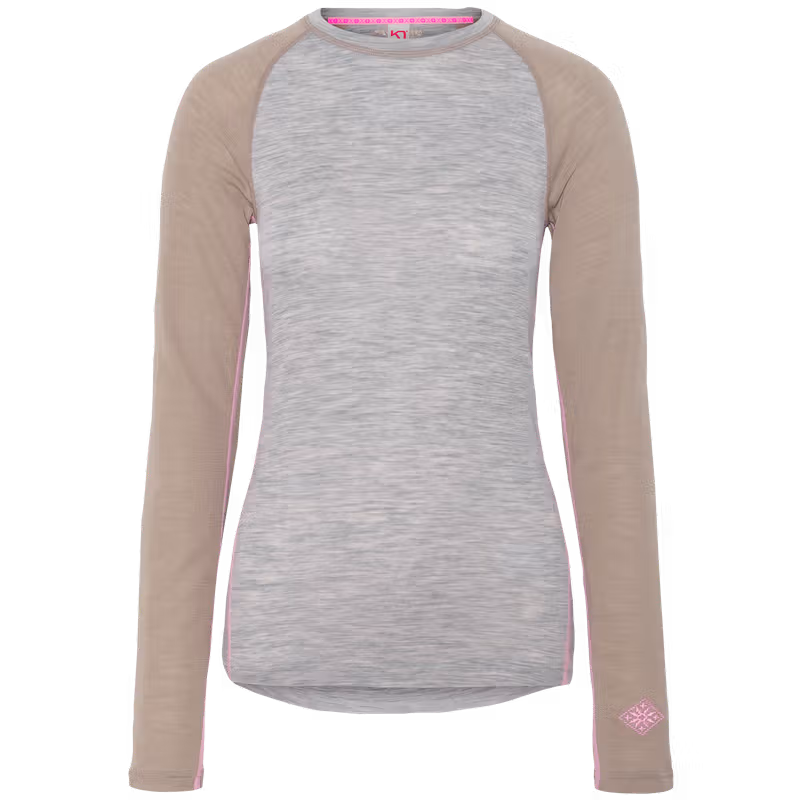 Kari Traa Kaia Base Layer top in grey, a colorblock merino wool shirt for warmth and moisture-wicking comfort.