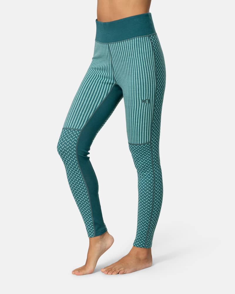 Side view of a woman wearing teal Kari Traa Smekker High Waist Pants, showing the jacquard-knit panels.