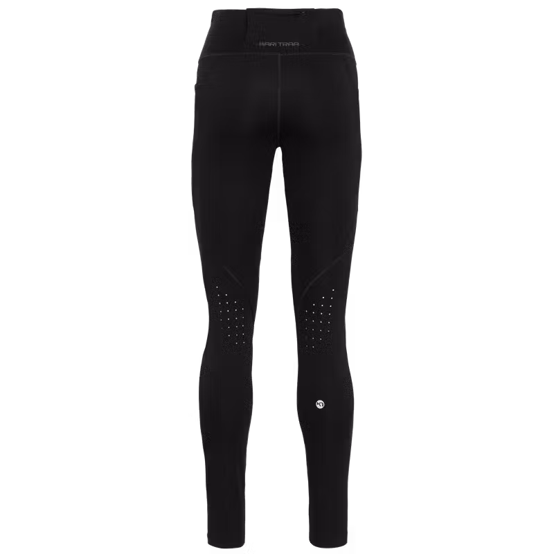 Back view of the black Kari Traa Nia Tights, showing the wide waistband and zippered pocket for secure storage.