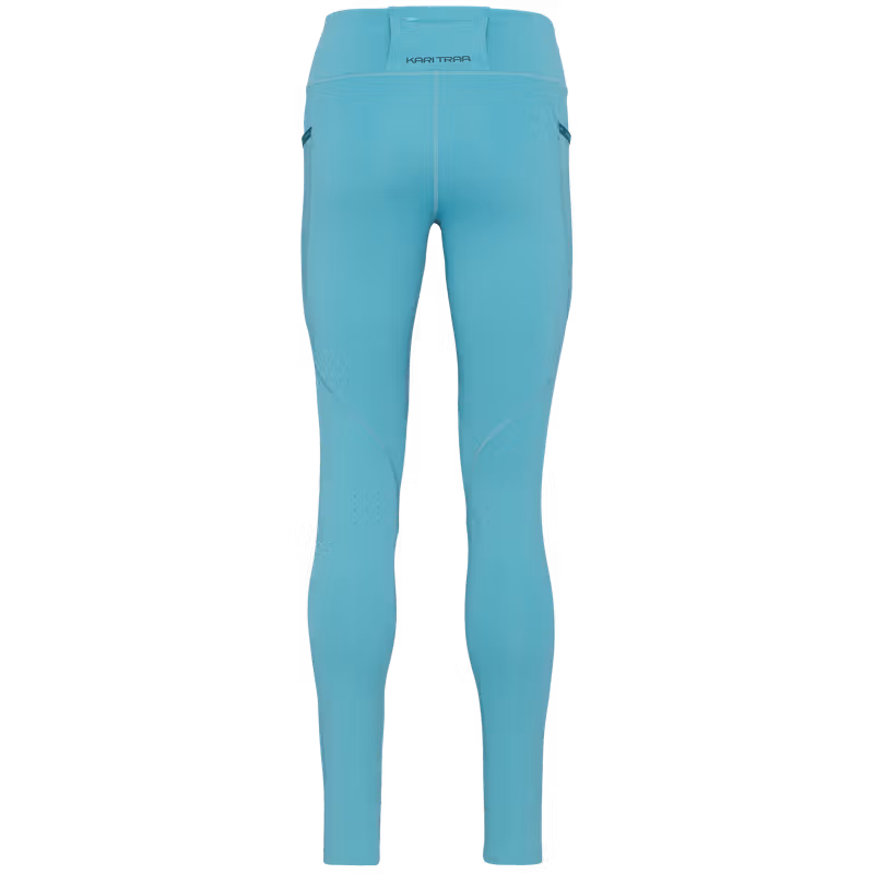 Back view of the blue lagoon Kari Traa Nia Tights, showing the wide waistband and secure zippered pocket design.