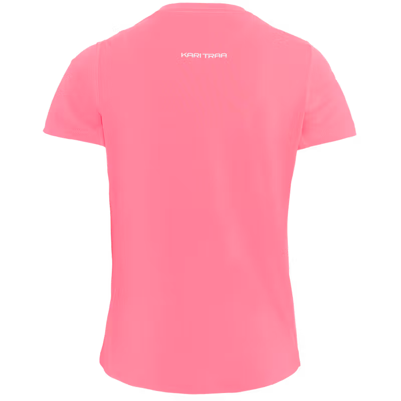 Back of the bubblegum pink Kari Traa Ava Tee, highlighting the reflective logo and smooth flatlock seams.