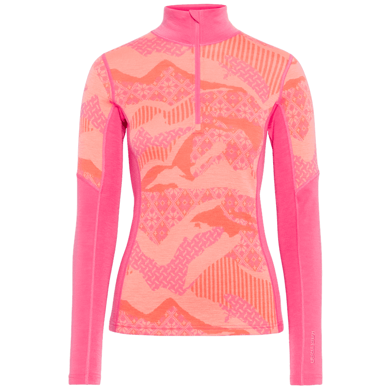 Bright pink Kari Traa Olea Half Zip with a Nordic jacquard knit pattern, made from warm 100% merino wool.