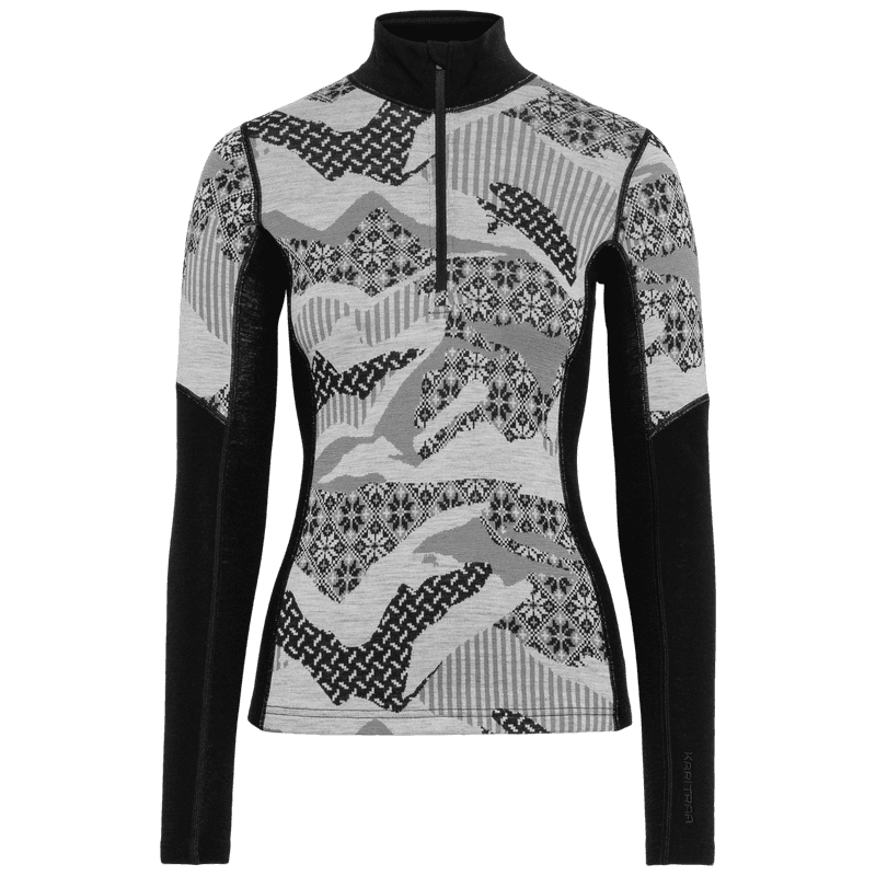Black Kari Traa Olea Half Zip with a grey Nordic jacquard knit pattern and high collar with chin guard.